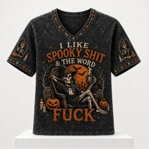 Skeleton I Like Spooky Shit And The Word Fuck Halloween 2026 V Neck Shirt