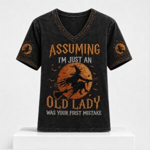 Witch Assuming I'm Just An Old Lady Was Your First Mistake Halloween 2026 V Neck Shirt