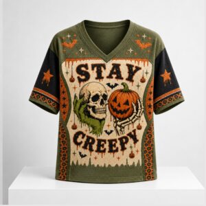Stay Creepy Skull Pumpkin Halloween 2026 V Neck Shirt