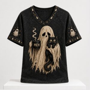 Ghost And Black Cat Halloween 2026 V Neck Shirt