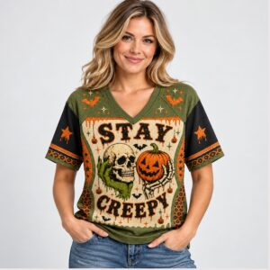 0h6oF1SP Stay Creepy Skull Pumpkin Leopard Bat Halloween 2026 V Neck Shirt 1 1 1