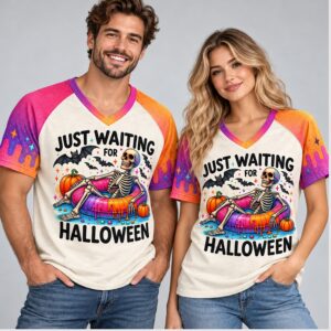 G7zg0BGP Skeleton Bat Just Waiting For Halloween 2026 V Neck Shirt 1 1 1