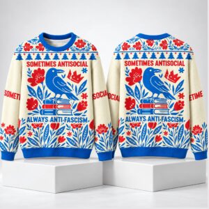 Sometimes Antisocial Always Anti Fascism Christmas 2026 Ugly Sweater