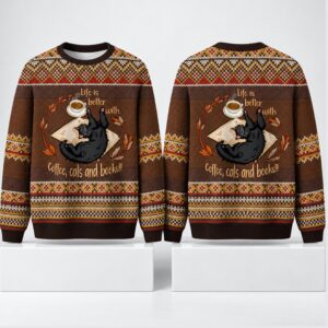 Life Is Better With Coffee Cats And Books Christmas 2026 Ugly Sweater